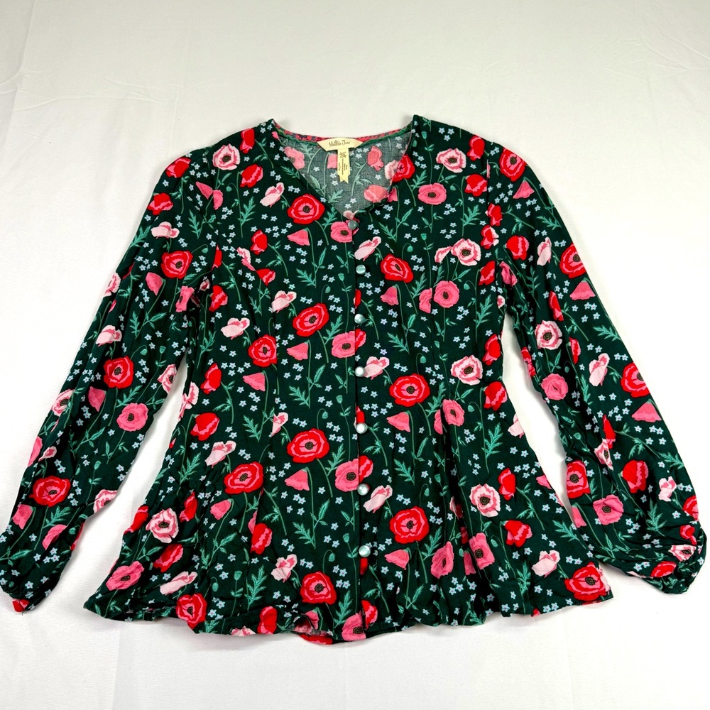 Matilda Jane Green Floral Blouse with Red and Pink Accents‎ Size XS